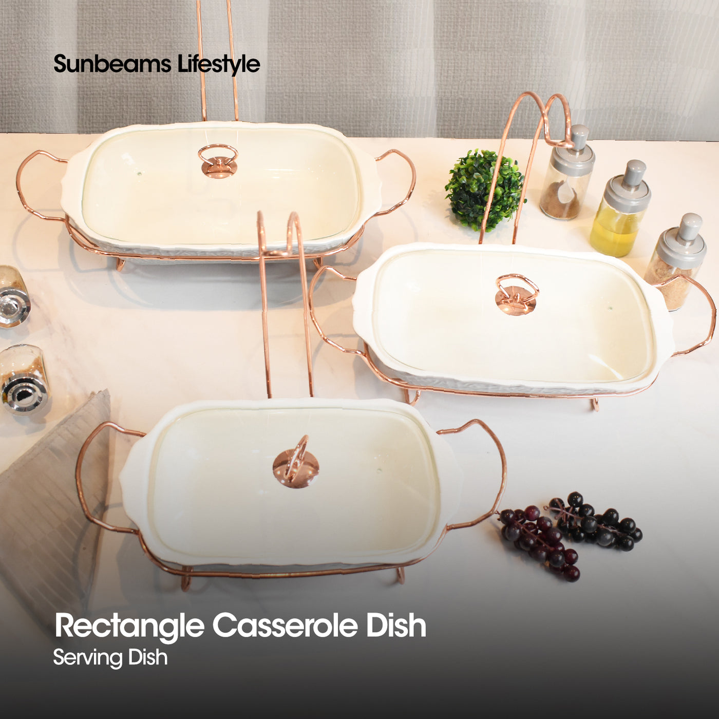 SLIQUE Premium Ceramic Rectangular Casserole Dish with Rosegold Plated Tealight Candle Holder 3700ml