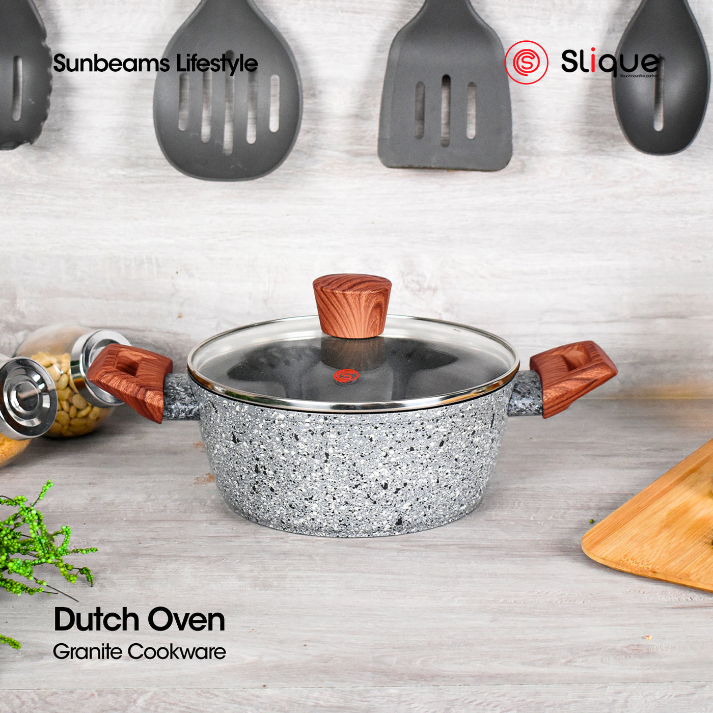 SLIQUE Granite Dutch Oven Multi Layer Non-Stick Coating Induction Base Wooden Finish Bakelite Handle Amazing Gift Idea For Any Occasion!