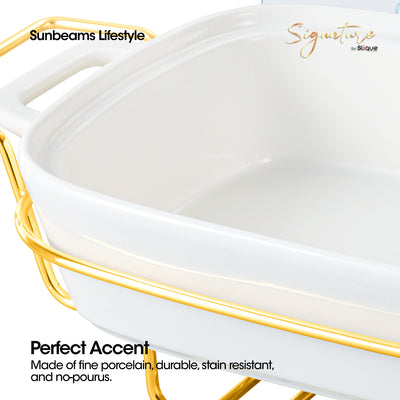 SLIQUE Casserole Serving Dish Rectangle - Signature Porcelain Collection Gold Stand with 2 Candle Burner | Stain Resistant | Lead Free | Microwave & Oven Safe | Freezer & Dishwasher Safe