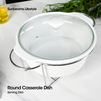 SLIQUE Premium Ceramic Round Casserole Dish with Silver Plated Tealight Candle Holder 2300ml