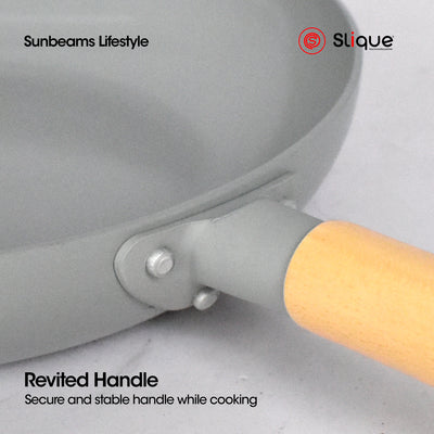 Slique Fry Pan Stainless Steel Multi Layer Non-Stick Ceramic Coating - Grey Induction Base, Wooden Bakelite Handle Healthy Cooking Essentials Amazing Gift Idea For Any Occasion!