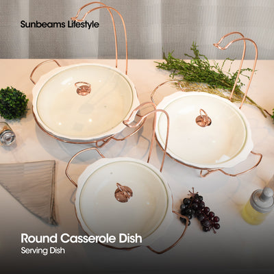 SLIQUE Premium Ceramic Round Serving Dish with Rosegold Plated Metal Tealight Candle Holder 1600ml Amazing Gift Idea For Any Occasion!