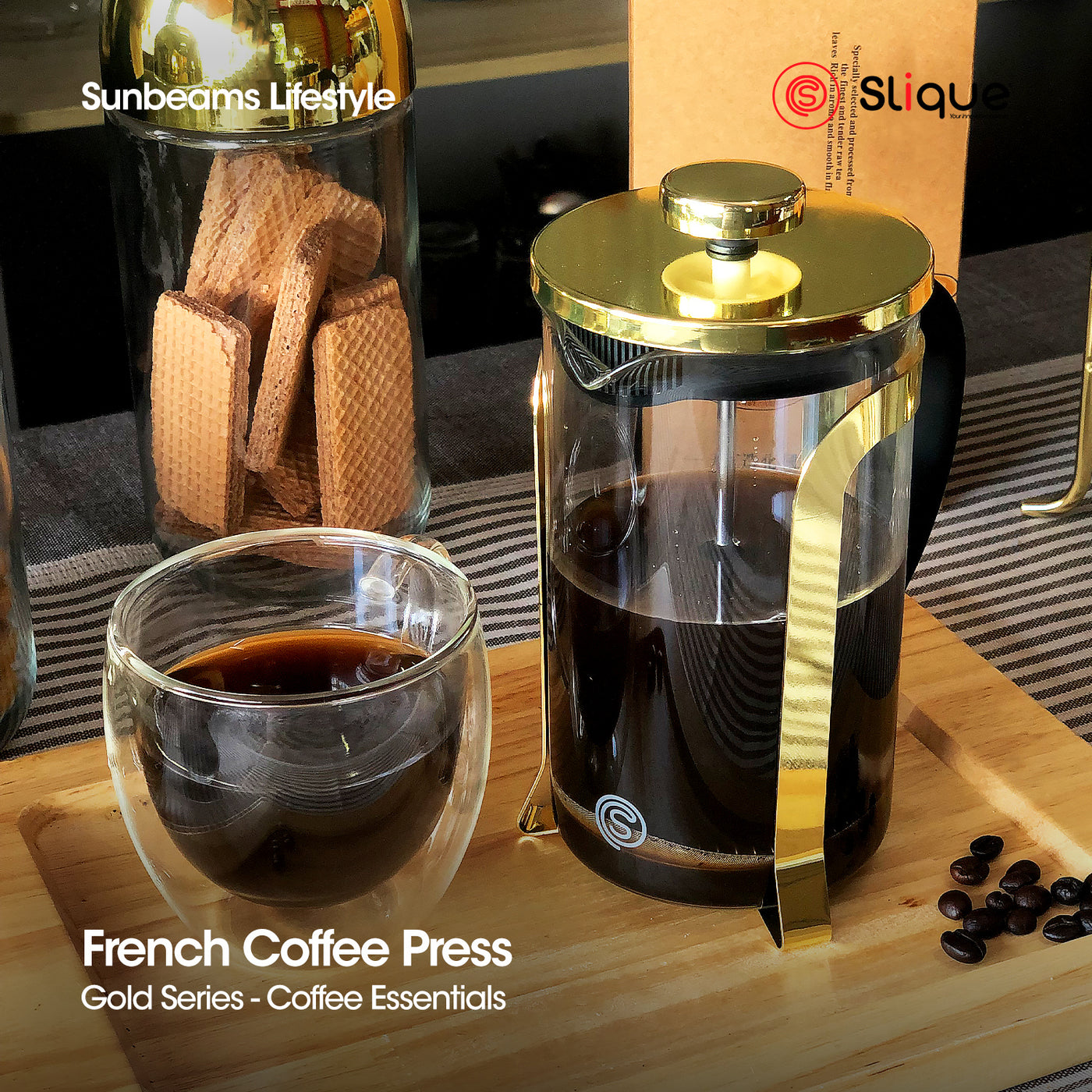 SLIQUE Premium Borosilicate Glass Copper French Coffee Press 600ml|0.6L Coffee Lovers Modern Italian Design Amazing Gift Idea For Any Occasion! (Gold)