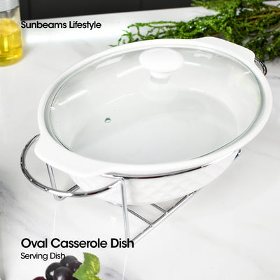 SLIQUE Premium Ceramic Oval Casserole Dish with Silver Plated Tealight Candle Holder 1800ml