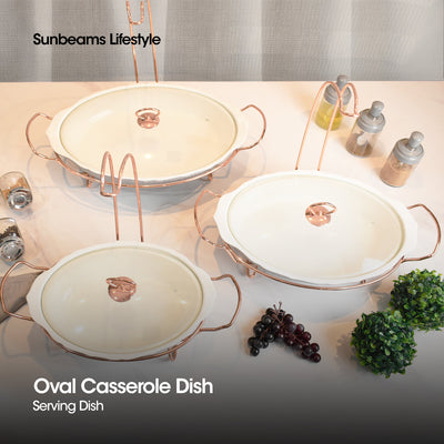 SLIQUE Premium Ceramic Oval Casserole Dish with Rosegold Metal Tealight Candle Holder 3700ml Amazing Gift Idea for any Occasion!