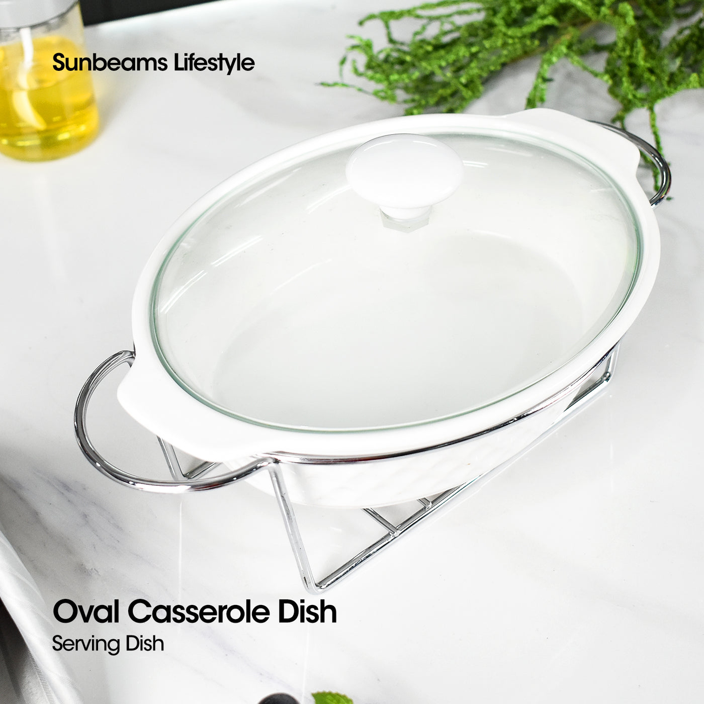 SLIQUE Premium Ceramic Oval Casserole Dish with Silver Plated Tealight Candle Holder 1000ml Amazing Gift Idea for any Occasion!