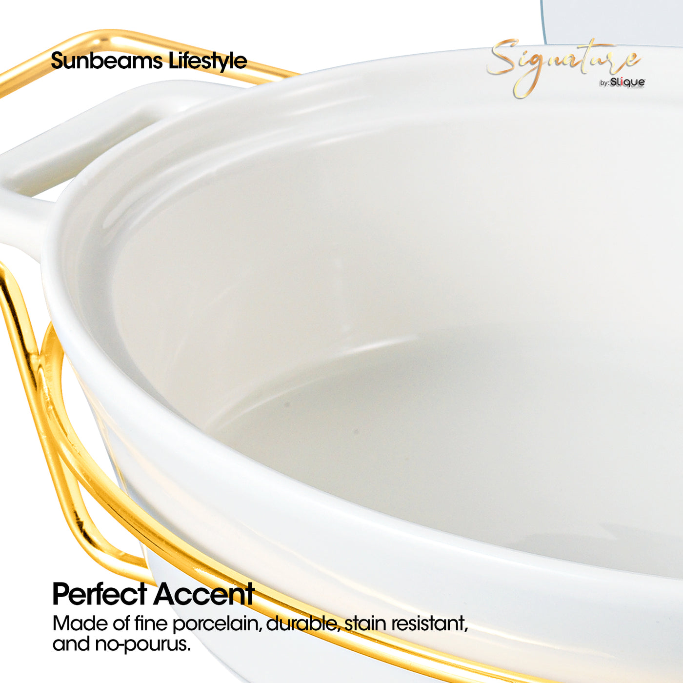 SLIQUE Casserole Serving Dish Oval - Signature Porcelain Collection Gold Stand with 2 Candle Burner | Stain Resistant | Lead Free | Microwave & Oven Safe | Freezer & Dishwasher Safe