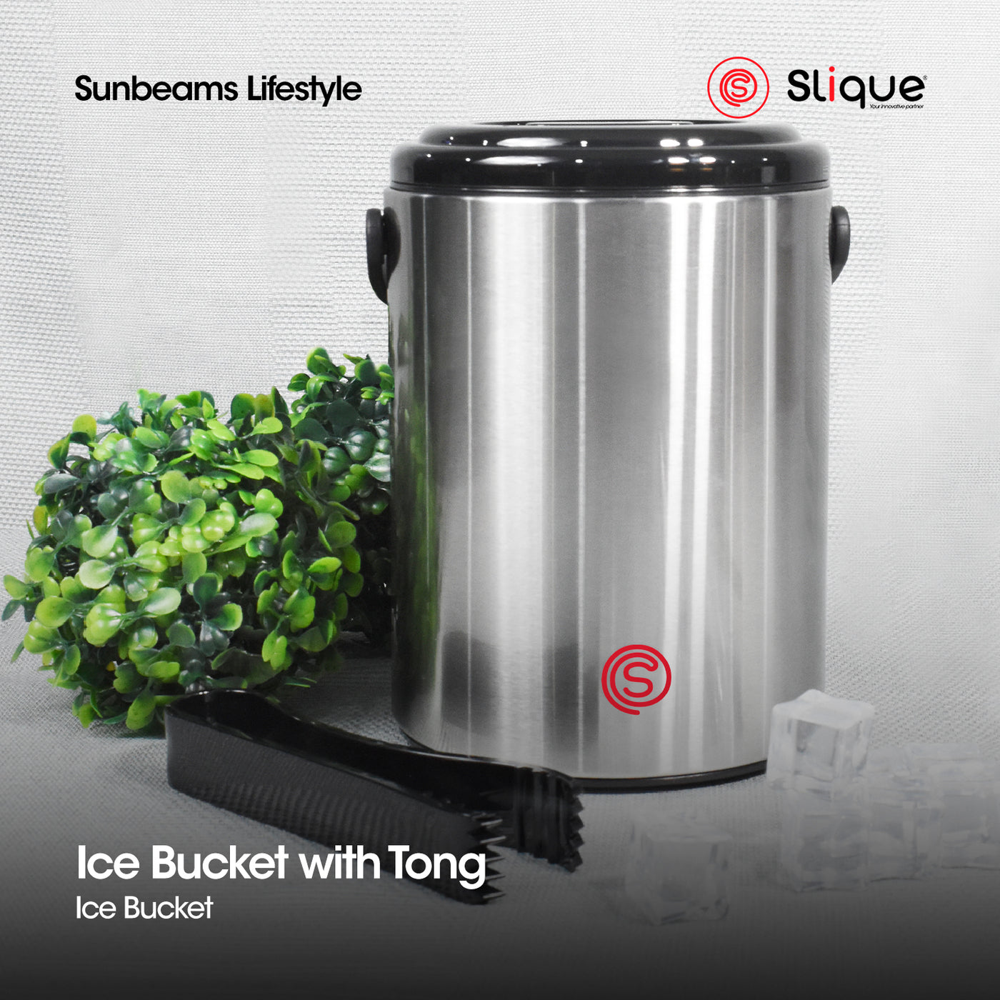 SLIQUE Premium Insulated Ice Bucket w/ Tong 2200ml (Silver)