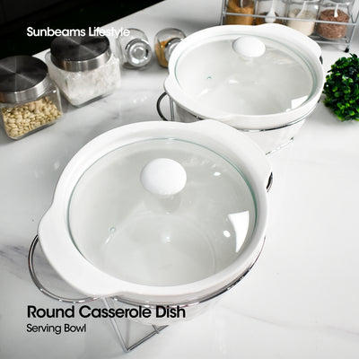SLIQUE Premium Ceramic Round Casserole Dish with Silver Plated Tealight Candle Holder 2600ml Amazing Gift Idea For Any Occasion!