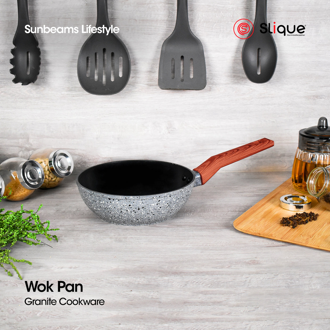 SLIQUE Granite Wok Pan Premium Multi Layer Non-Stick Coating Induction Base Wooden Finish Amazing Gift Idea For Any Occasion!