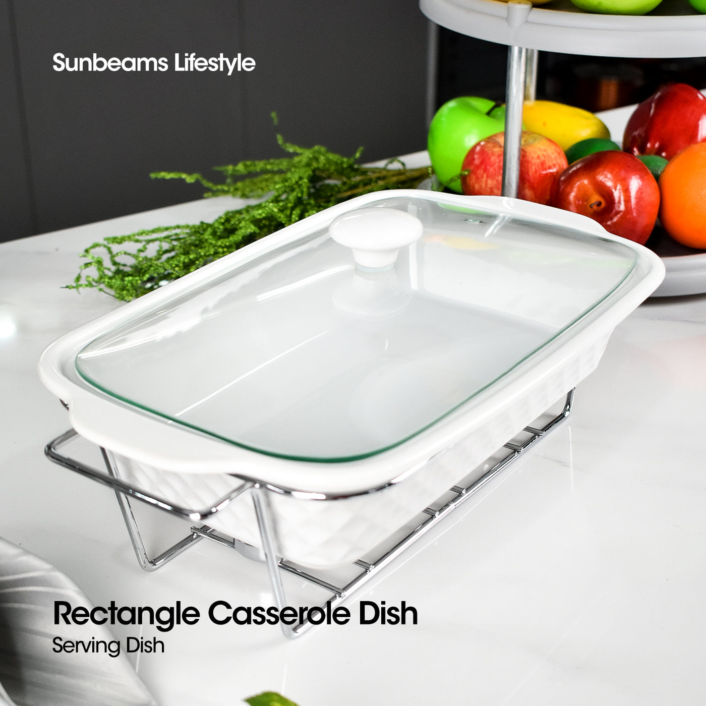 SLIQUE Premium Ceramic Rectangular Casserole Dish with Silver Plated Metal Tealight Candle Holder 2000ml Amazing Gift Idea For Any Occasion!