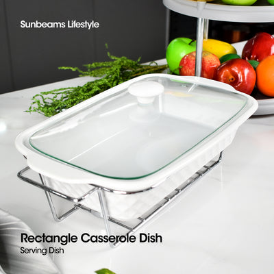 SLIQUE Premium Ceramic Rectangular Casserole Dish with Silver Plated Metal Tealight Candle Holder 2000ml Amazing Gift Idea For Any Occasion!