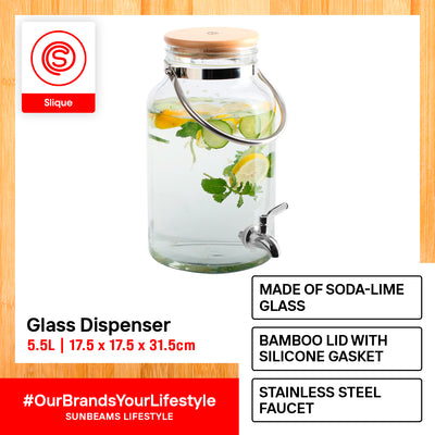 SLIQUE Dispenser Jar 5.5L Soda Lime Glass, Bamboo lid, Stainless Steel Faucet & Handle with Silicone Gasket | Storage Essentials