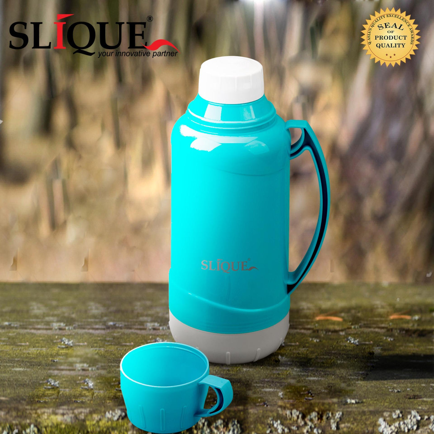 SLIQUE Premium Vacuum Flask with 2Cups 1000ml Amazing Gift Idea For Any Occasion! (Aqua Green)