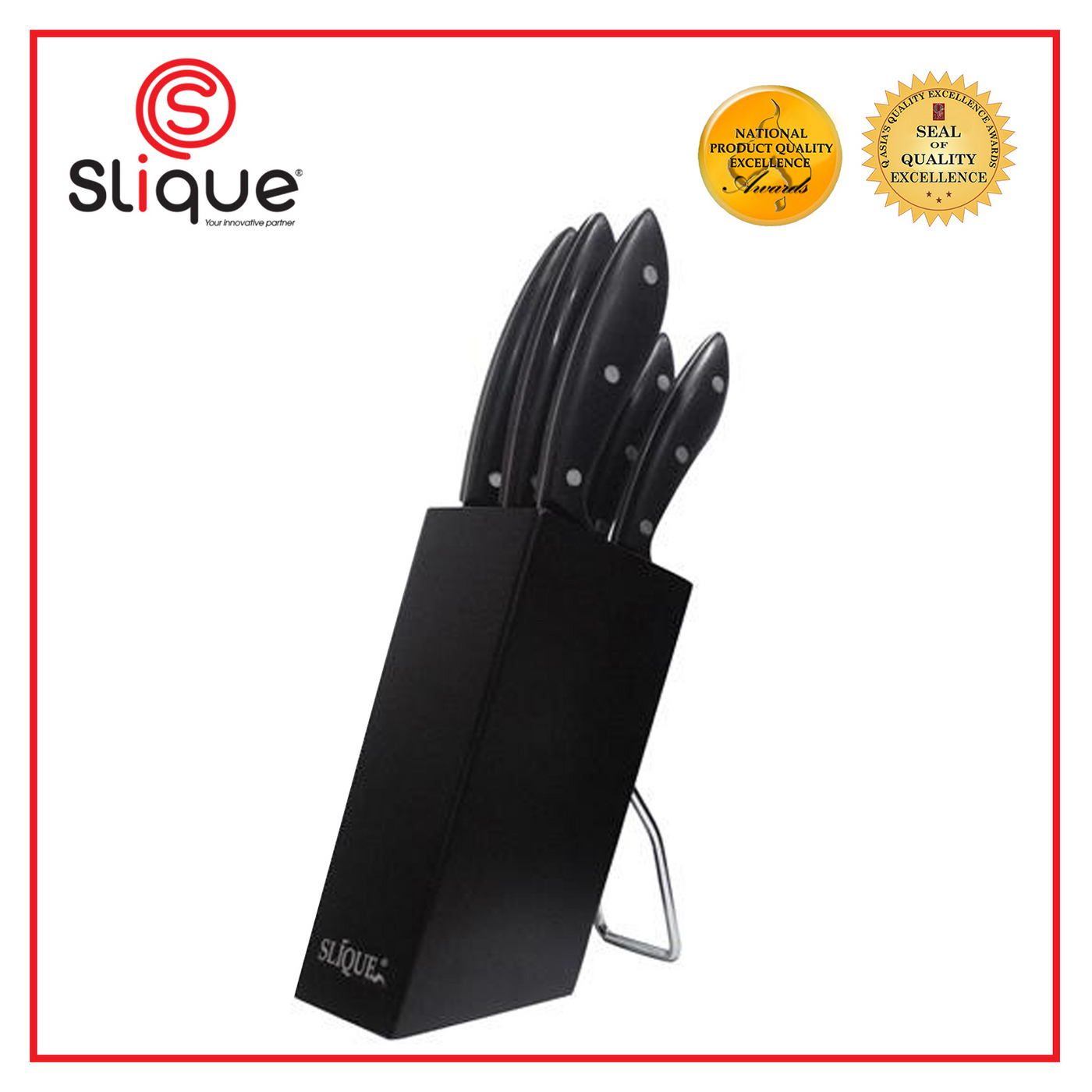 SLIQUE Premium Stainless Steel Kitchen Knife Block w/ Scissors Bakelite Anti-Slip Handle Set of 6 Amazing Gift Idea For Any Occasion!