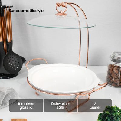 SLIQUE Premium Ceramic Round Serving Dish with Rosegold Plated Metal Tealight Candle Holder 3500ml Amazing Gift Idea For Any Occasion!