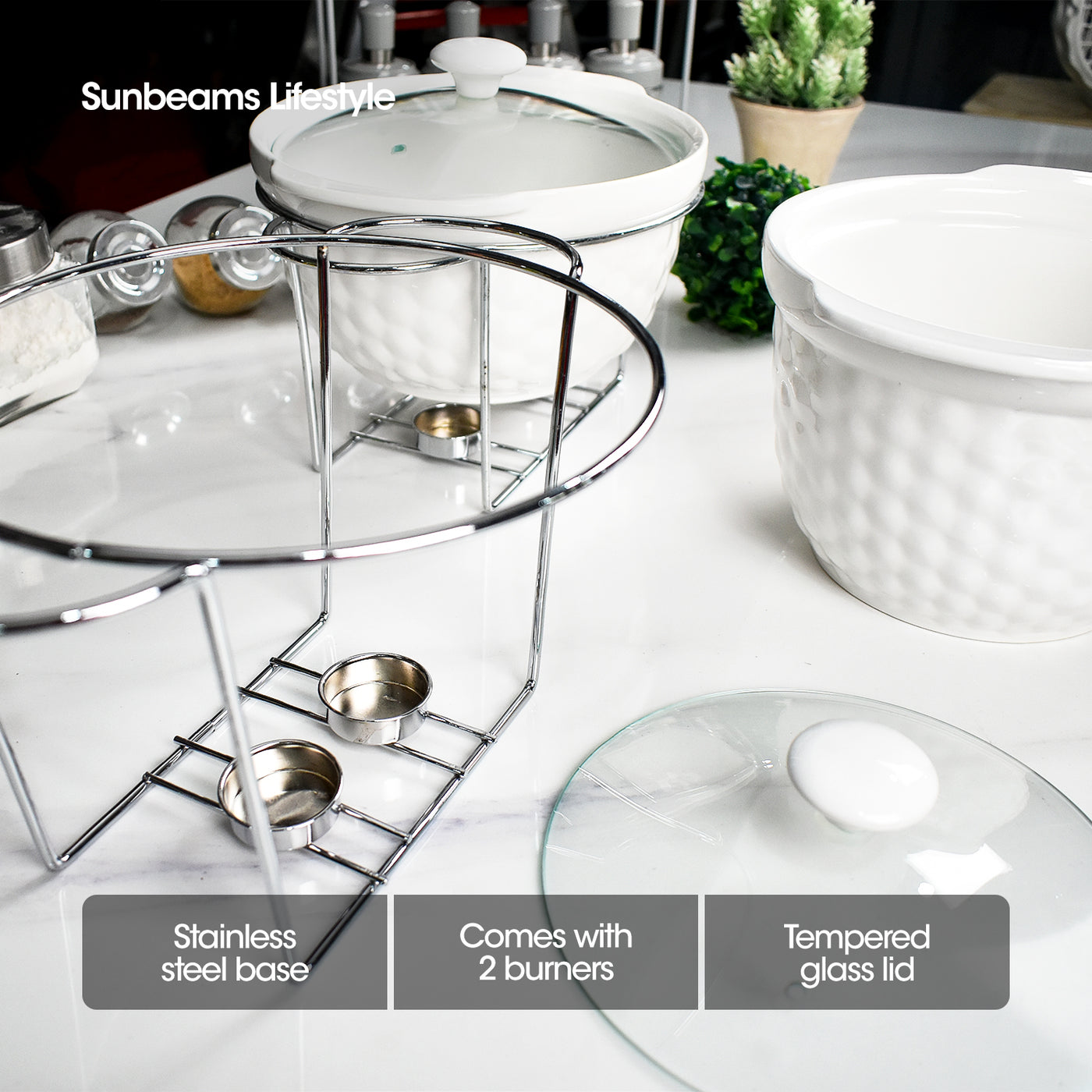 SLIQUE Premium Ceramic Round Casserole Dish with Silver Plated Tealight Candle Holder 2600ml