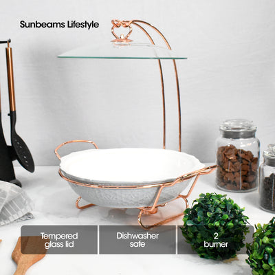 SLIQUE Premium Ceramic Round Serving Dish with Rosegold Plated Metal Tealight Candle Holder 1900ml Amazing Gift Idea For Any Occasion!