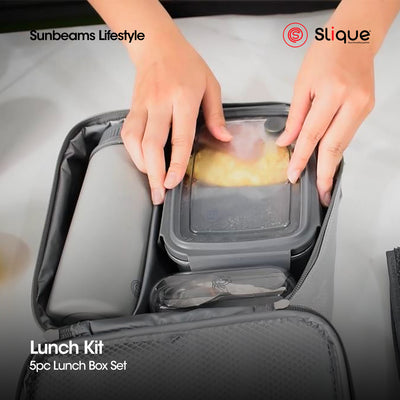 SLIQUE Premium Lunch Box Insulated Water Proof Thermal Bag w/ Detachable Shoulder Strap Set of 5 Grey