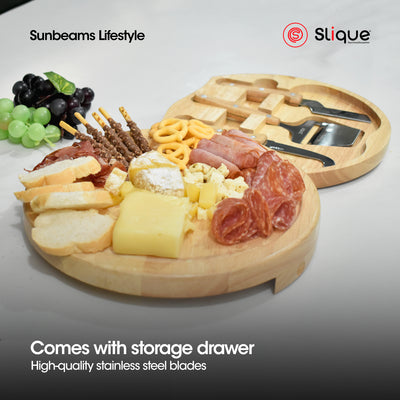 SLIQUE Premium Bamboo Cheese Board and Stainless Steel Cutlery Set of 5 Amazing Gift Idea For Any Occasion!