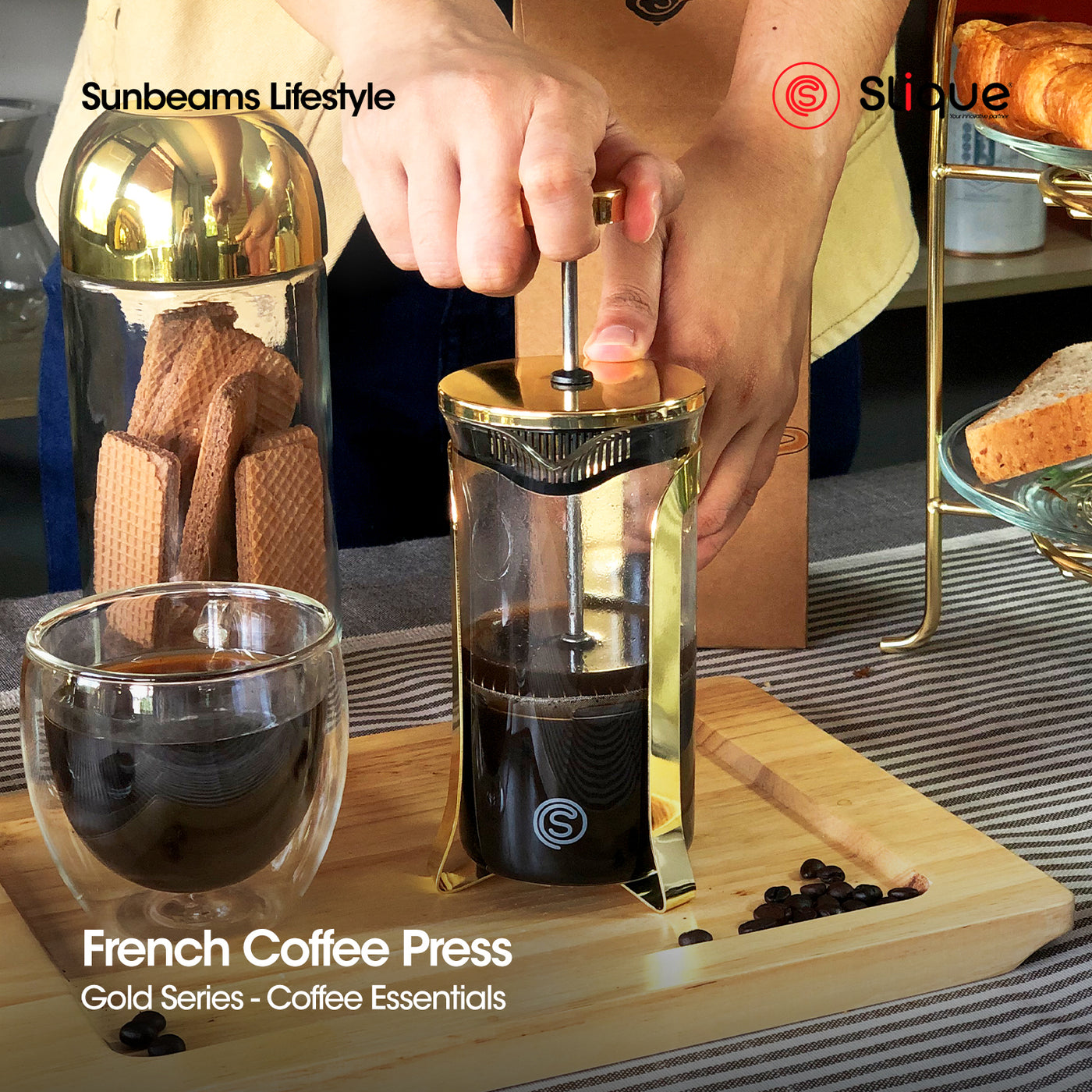 SLIQUE Premium Copper French Coffee Press 300ml | 0.3L Coffee Lovers (Gold)