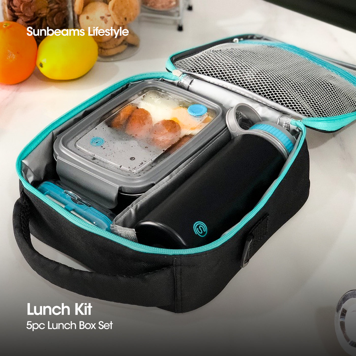 SLIQUE Premium Lunch Box Insulated Water Proof Thermal Bag w/ Detachable Shoulder Strap Stainless Steel Set of 5- Black