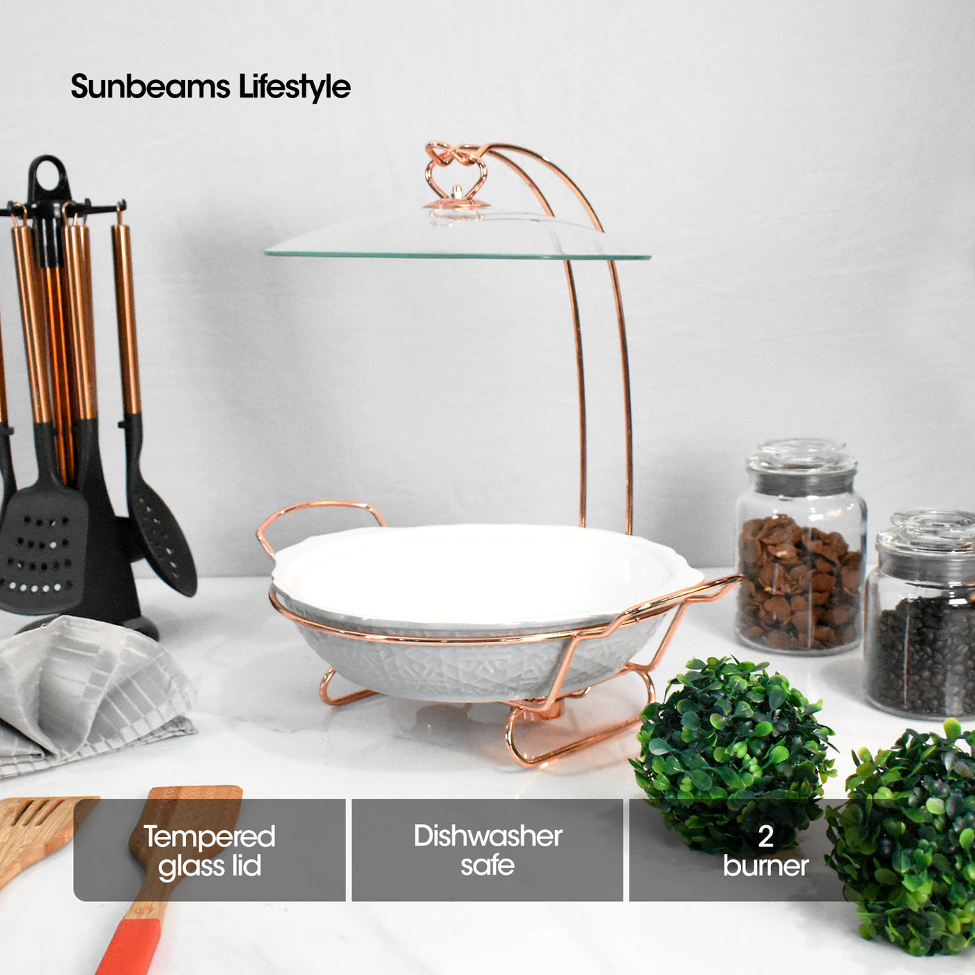 SLIQUE Premium Ceramic Round Serving Dish with Rosegold Plated Metal Tealight Candle Holder 1600ml Amazing Gift Idea For Any Occasion!