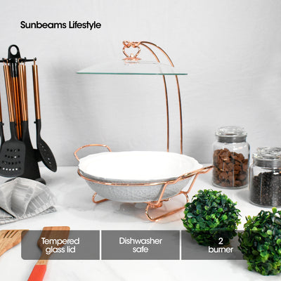 SLIQUE Premium Ceramic Round Serving Dish with Rosegold Plated Metal Tealight Candle Holder 1600ml Amazing Gift Idea For Any Occasion!