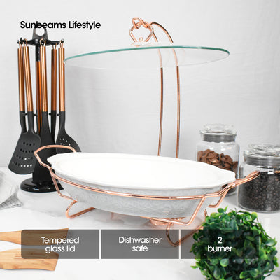SLIQUE Premium Ceramic Oval Casserole Dish with Rosegold Metal Tealight Candle Holder 3700ml Amazing Gift Idea for any Occasion!