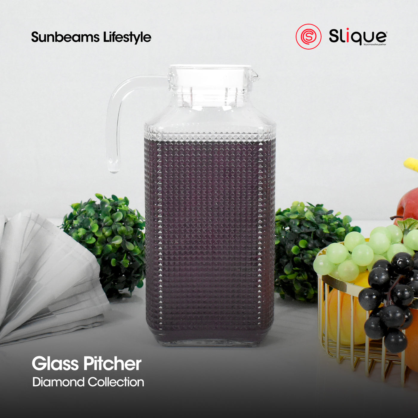 SLIQUE Premium Glass Pitcher w/ Black Lid 1800ml, Diamond Collection Amazing Gift Idea For Any Occasion!