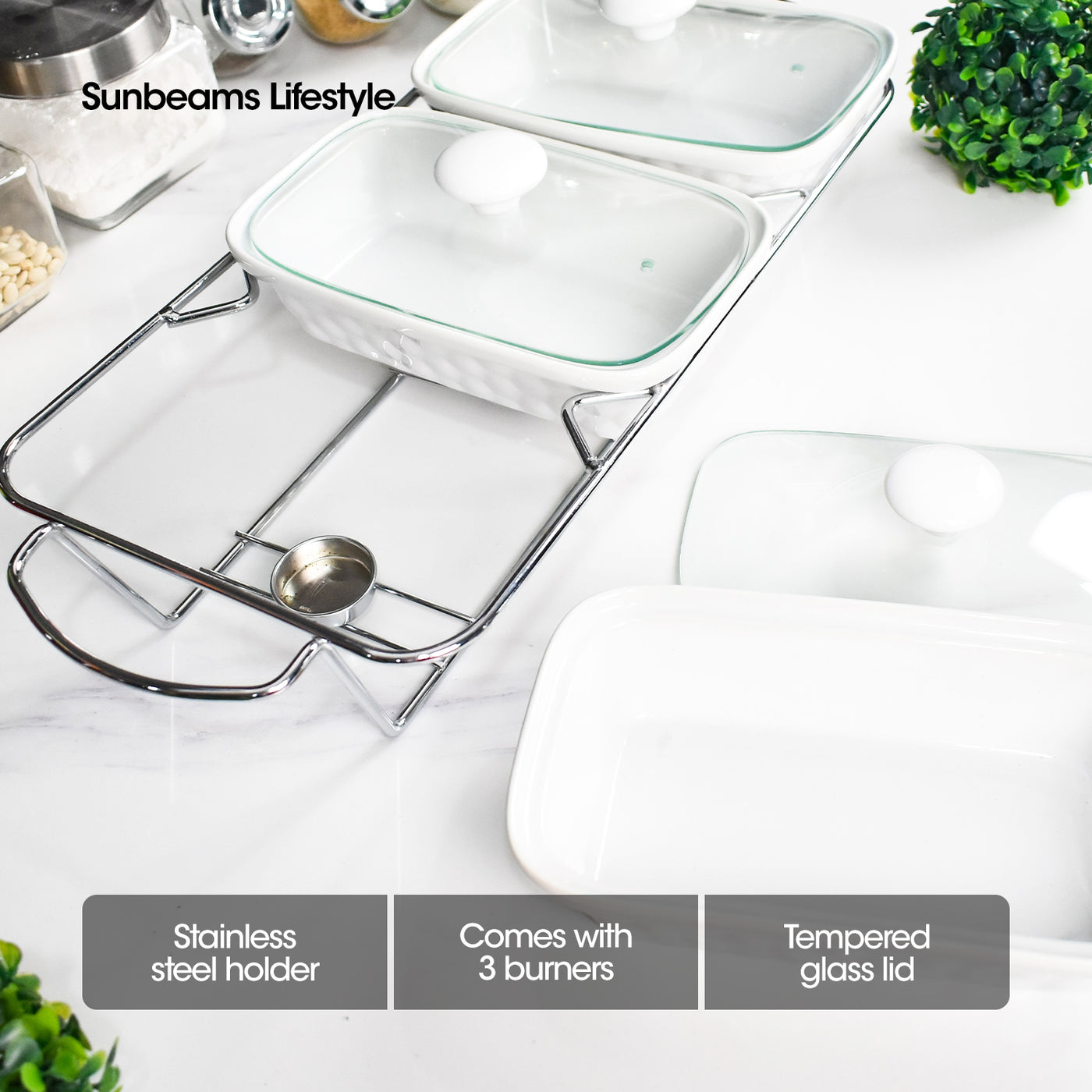 SLIQUE Premium Ceramic Rectangle Casserole Dish with Silver Plated Tealight Candle Holder 700ml