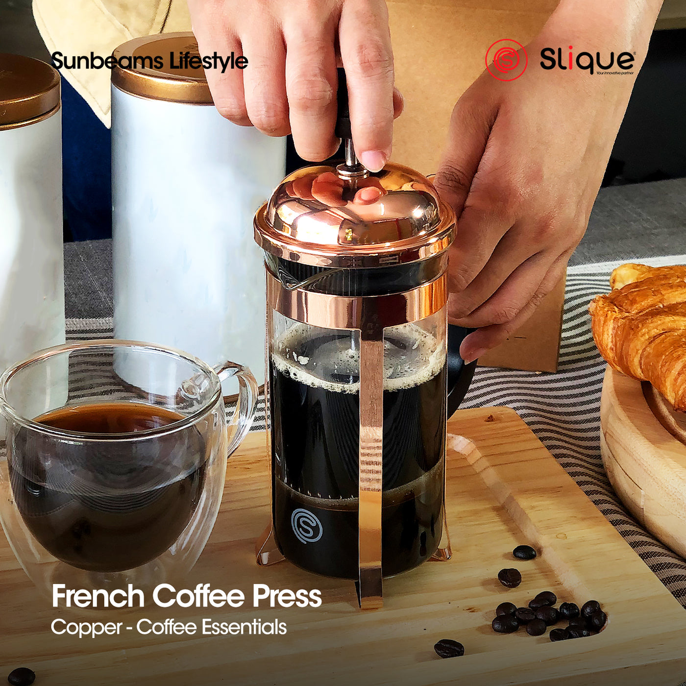 SLIQUE Premium Copper French Coffee Press 300ml (Rosegold)