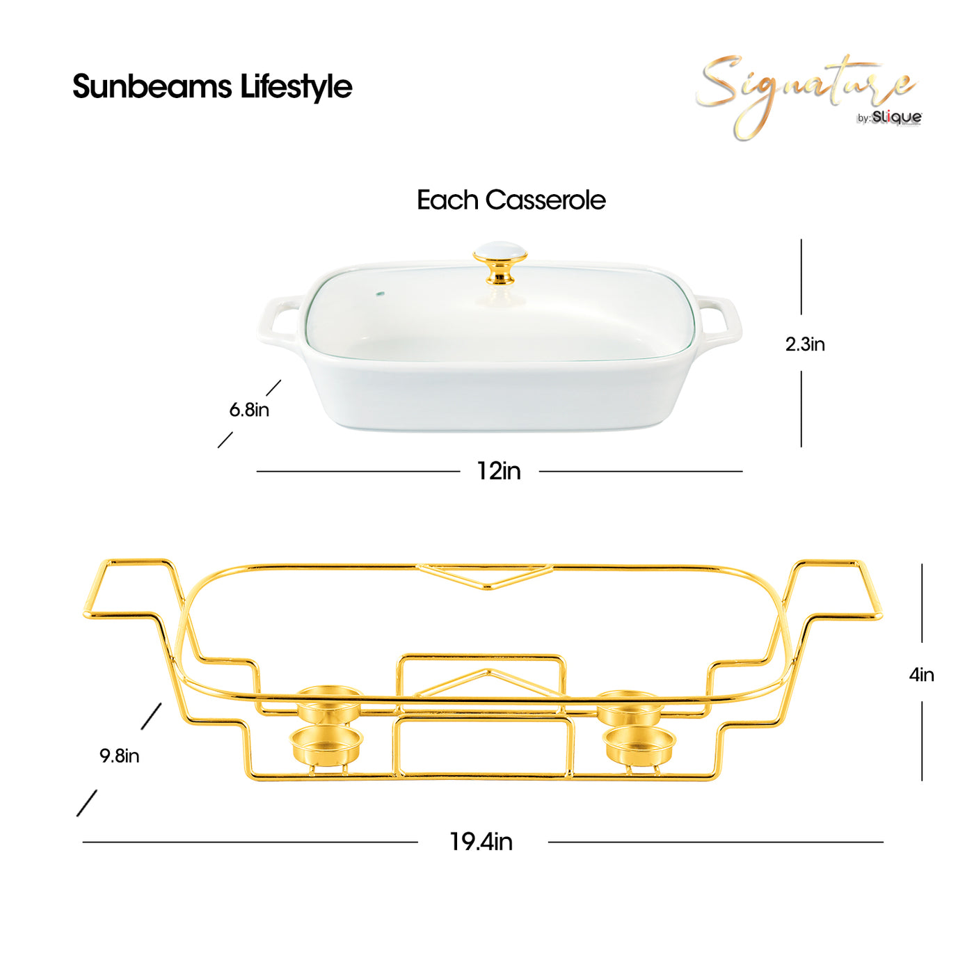 SLIQUE Casserole Serving Dish Rectangle [Set of 2] 1400mL Signature Porcelain Collection Gold Stand with 2 Candle Burner