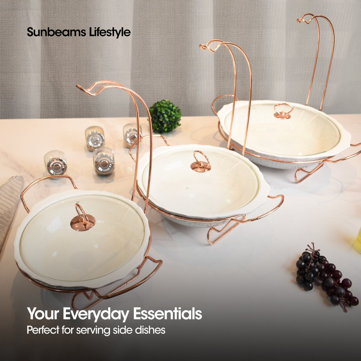 SLIQUE Premium Ceramic Round Serving Dish with Rosegold Plated Metal Tealight Candle Holder 1600ml Amazing Gift Idea For Any Occasion!