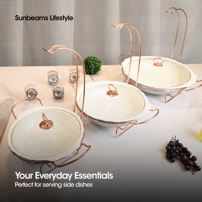 SLIQUE Premium Ceramic Round Serving Dish with Rosegold Plated Metal Tealight Candle Holder 1600ml Amazing Gift Idea For Any Occasion!