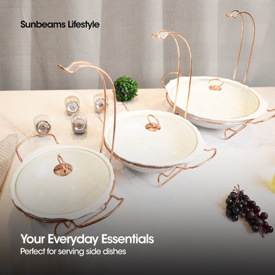 SLIQUE Premium Ceramic Round Serving Dish with Rosegold Plated Metal Tealight Candle Holder 3500ml Amazing Gift Idea For Any Occasion!