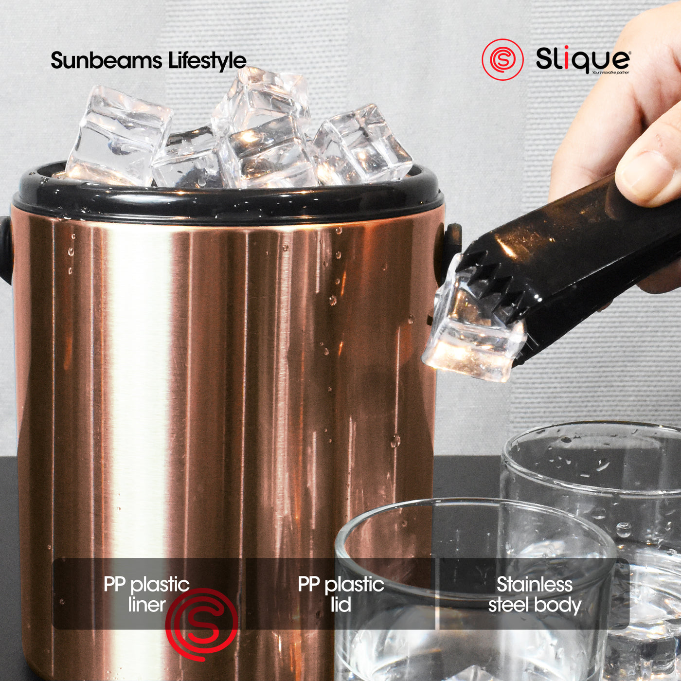 SLIQUE Premium Insulated Ice Bucket w/ Tong Stainless Steel 1600ml (Rosegold)