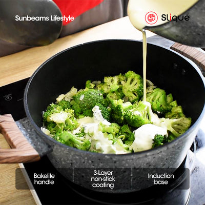SLIQUE Granite Dutch Oven Multi Layer Non-Stick Coating Induction Base Wooden Finish Bakelite Handle Amazing Gift Idea For Any Occasion!