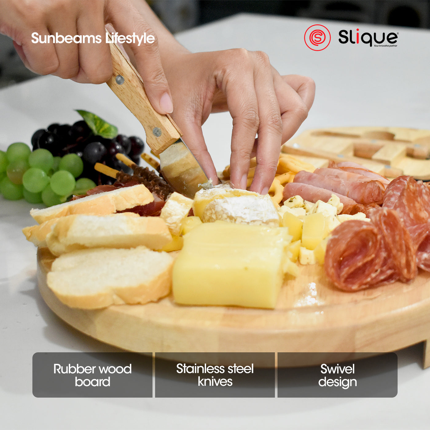 SLIQUE Premium Bamboo Cheese Board and Stainless Steel Cutlery Set of 5