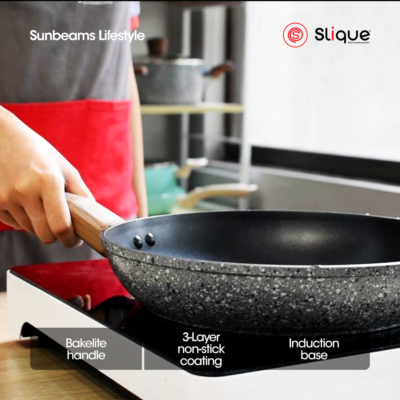 SLIQUE Granite Fry Pan Premium Multi Layer Non-Stick Coating Induction Base Wooden Finish Amazing Gift Idea For Any Occasion!