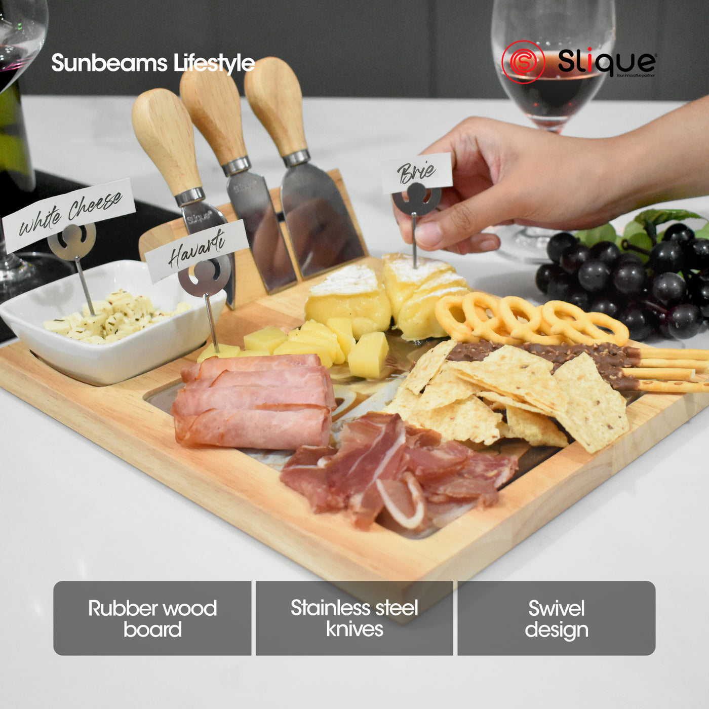 SLIQUE Premium Bamboo Cheese Board and Stainless Steel Cutlery Set Set of 10