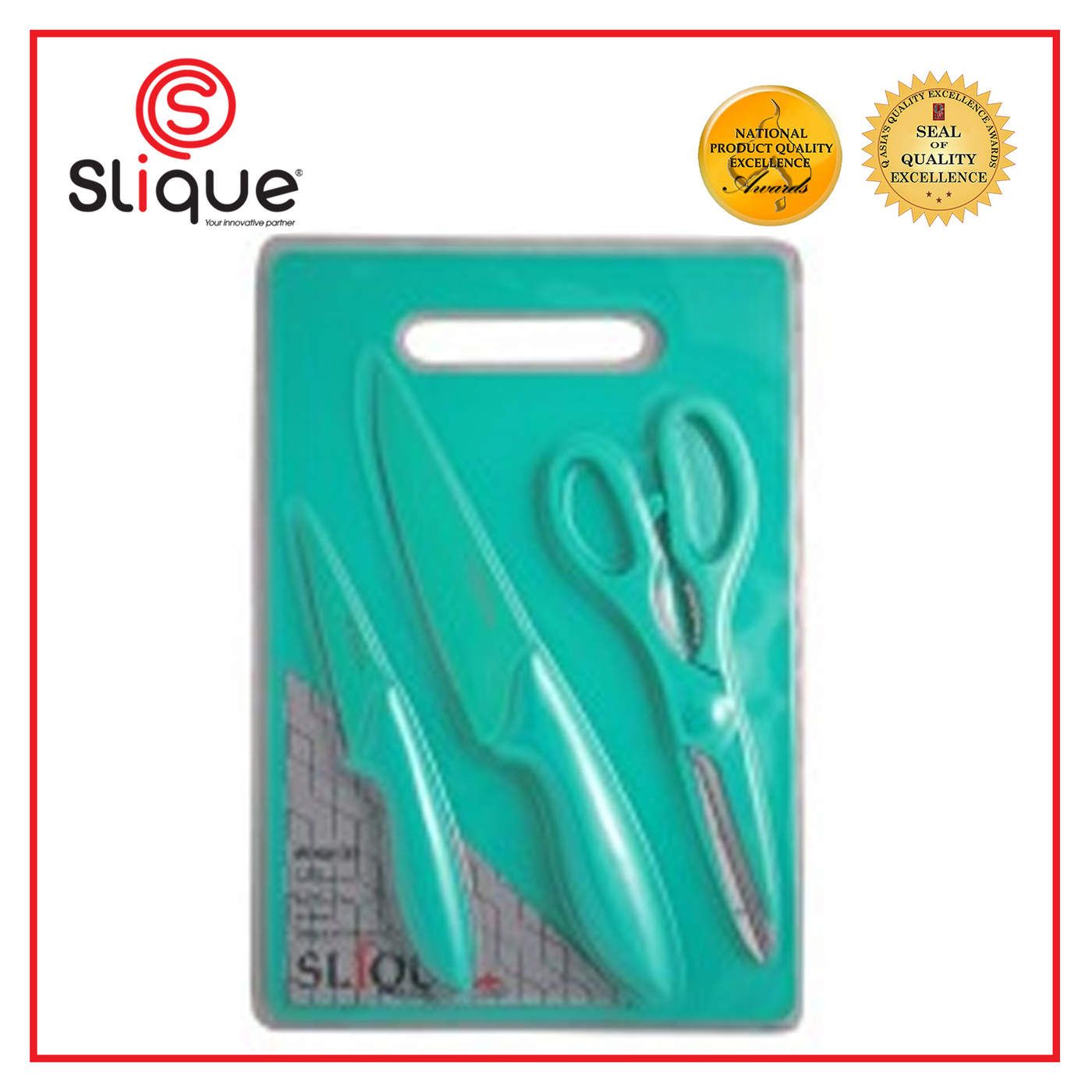 SLIQUE Premium Stainless Steel Non-Stick Kitchen Knife w/ Scissors Cutting Board Set of 4 (Green)
