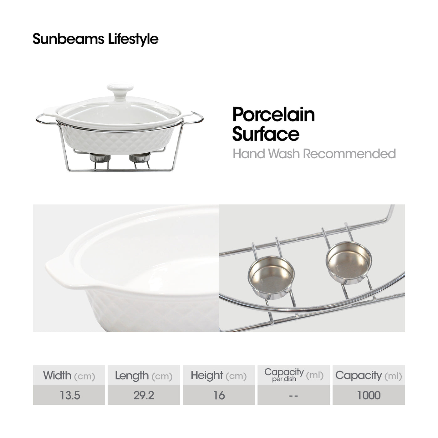 SLIQUE Premium Ceramic Oval Casserole Dish with Silver Plated Tealight Candle Holder 1000ml