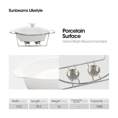 SLIQUE Premium Ceramic Oval Casserole Dish with Silver Plated Tealight Candle Holder 1000ml Amazing Gift Idea for any Occasion!
