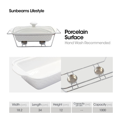 SLIQUE Premium Ceramic Rectangular Casserole Dish with Silver Plated Metal Tealight Candle Holder 1000ml Amazing Gift Idea For Any Occasion!