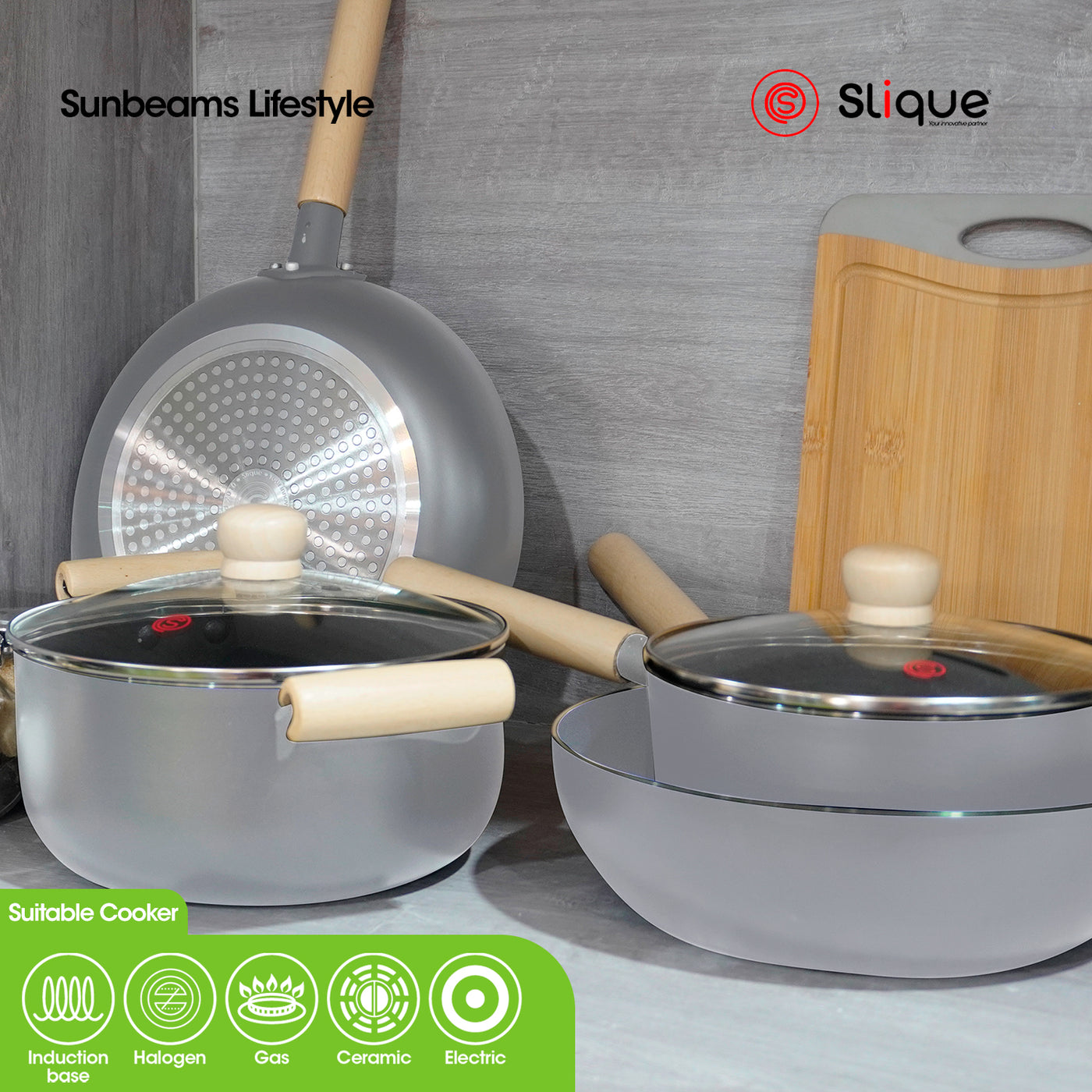 Slique Sauce Pan Stainless Steel Multi Layer Non-Stick Ceramic Coating - Grey Induction Base, Wooden Bakelite Handle Healthy Cooking Essentials Amazing Gift Idea For Any Occasion!