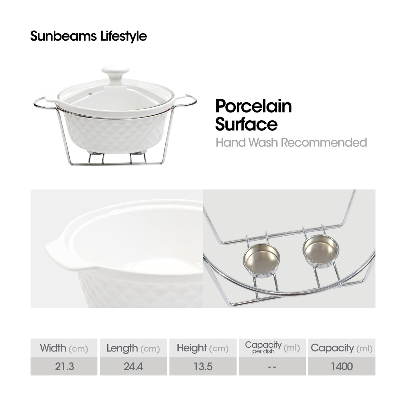 SLIQUE Premium Ceramic Round Serving Dish wit Silver Plated Metal Tealight Candle Holder 1400ml Amazing Gift Idea For Any Occasion!