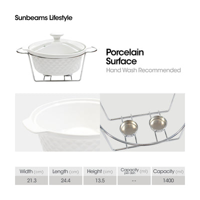 SLIQUE Premium Ceramic Round Serving Dish wit Silver Plated Metal Tealight Candle Holder 1400ml Amazing Gift Idea For Any Occasion!