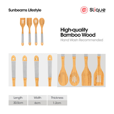 SLIQUE Wooden Kitchen Tools Set of 4 | Utensil Set | Bamboo Cooking Spoons and Spatulas | Perfect for Nonstick Pan and Cookware