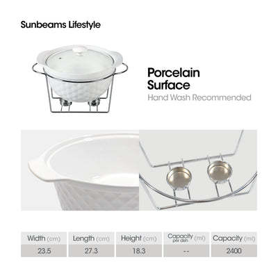 SLIQUE Premium Ceramic Round Casserole Dish with Silver Plated Tealight Candle Holder 2600ml Amazing Gift Idea For Any Occasion!